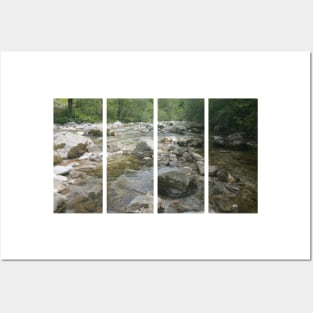 A static shot of the clear water of a mountain stream between rocks and stones; beautiful nature in a sunny day; no people around Posters and Art